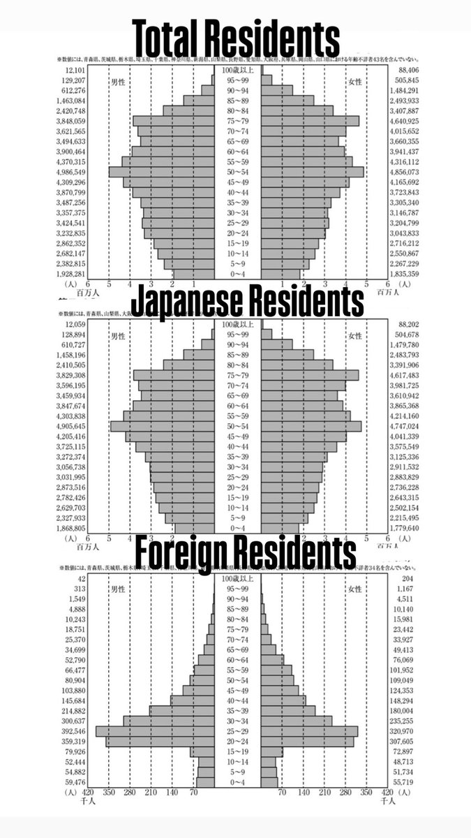 OhayoMybrother's tweet photo. Japan’s latest population data is out.

The number of foreign residents increased by 353,696, while the Japanese population declined by 916,744.

• Japanese population: 119,736,483 (-916,744, the largest annual decline on record)
• Foreign residents: 4,031,159 (+353,696, a record high)

Japan’s population aged 100 and over has exceeded 100,000 for the first time.

Overall, 1 in 31 people living in Japan is a foreign resident. Among people in their 20s, it’s approximately 1 in 9.