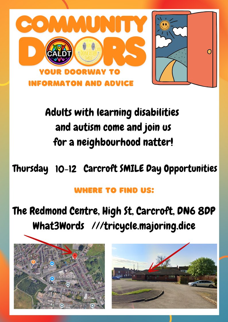 DayDoncaster's tweet photo. The Community Connectors are back at Carcroft SMILE today to welcome you in for a chat!
The Community Connectors are members of the SMILE team who are working alongside @CALDT to help adults with learning disabilities and autism, connect with their community.
#CommunityDoors https://t.co/r5qmsTsGcP