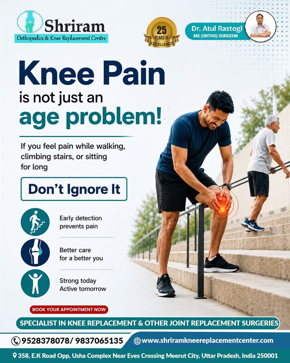 ShriramKRC's tweet photo. Knee pain can affect anyone—not just older adults.
Don't ignore persistent knee pain. Early diagnosis can help you stay active and pain-free. Book your consultation today.
#shriramkneereplacementcentre #OrthopedicCare #JointHealth #KneeReplacement #HealthyJoints https://t.co/3kwWvswZP5