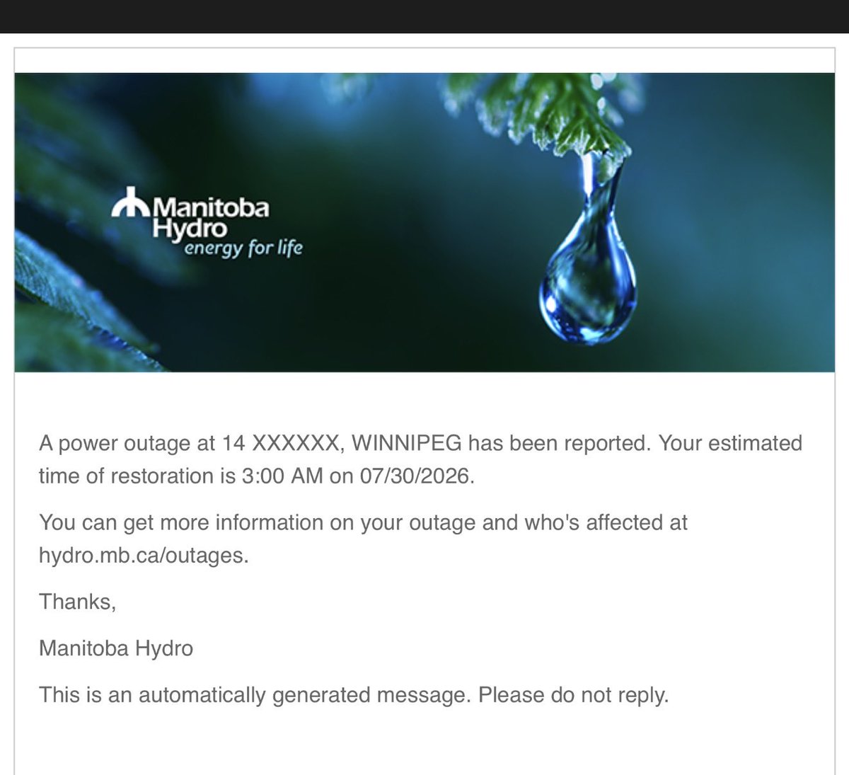 rogerioth's tweet photo. #mbstorm @manitobahydro 
Received an email from Hydro stating that the power is expected to restore at 3AM

🤞 https://t.co/2KInKkhUJe