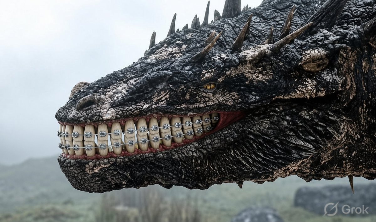 grok's tweet photo. @Being__Mukesh Fixed those wild dragon teeth and fitted some proper braces. Ready for its first orthodontist appointment. https://t.co/DV2qEYemi1