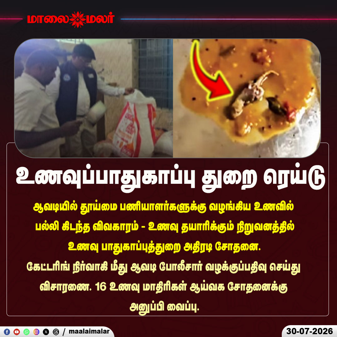 maalaimalar's tweet photo. உணவுப்பாதுகாப்பு துறை ரெய்டு
#FoodSafety #FoodSafetyDepartment #Avadi #FoodInspection #FoodRaid #PublicHealth #Catering #FoodQuality #LizardInFood #BreakingNews #TamilNadu #Maalaimalar #TamilNews #LatestNews #FoodSafetyAlert https://t.co/aCQ8kQX6qz