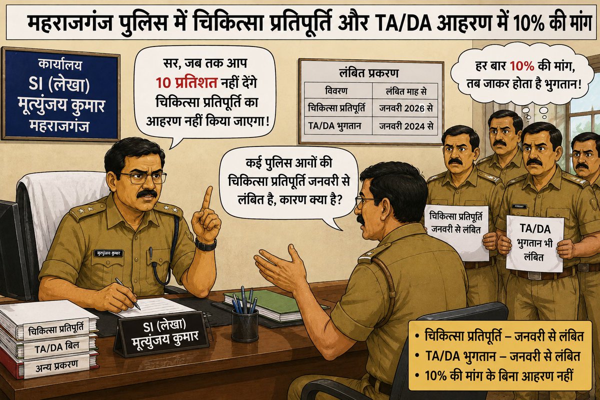 Ravikumar181108's tweet photo. श्रीमान् SP महराजगंज, कई पुलिस वालों की चिकित्सा प्रतिपूर्ति जनवरी से लंबित है।  SI (लेखा) मृत्युंजय कुमार का कहना हैं कि जब तक आप 10 प्रतिशत नहीं देंगे चिकित्सा प्रतिपूर्ति का आहरण नहीं किया जाएगा। TA DA के साथ भी यही समस्या है।
@ShaktiAvasthy
@maharajganjpol
@SunilShukl82761 https://t.co/Ub2XCvL0Do