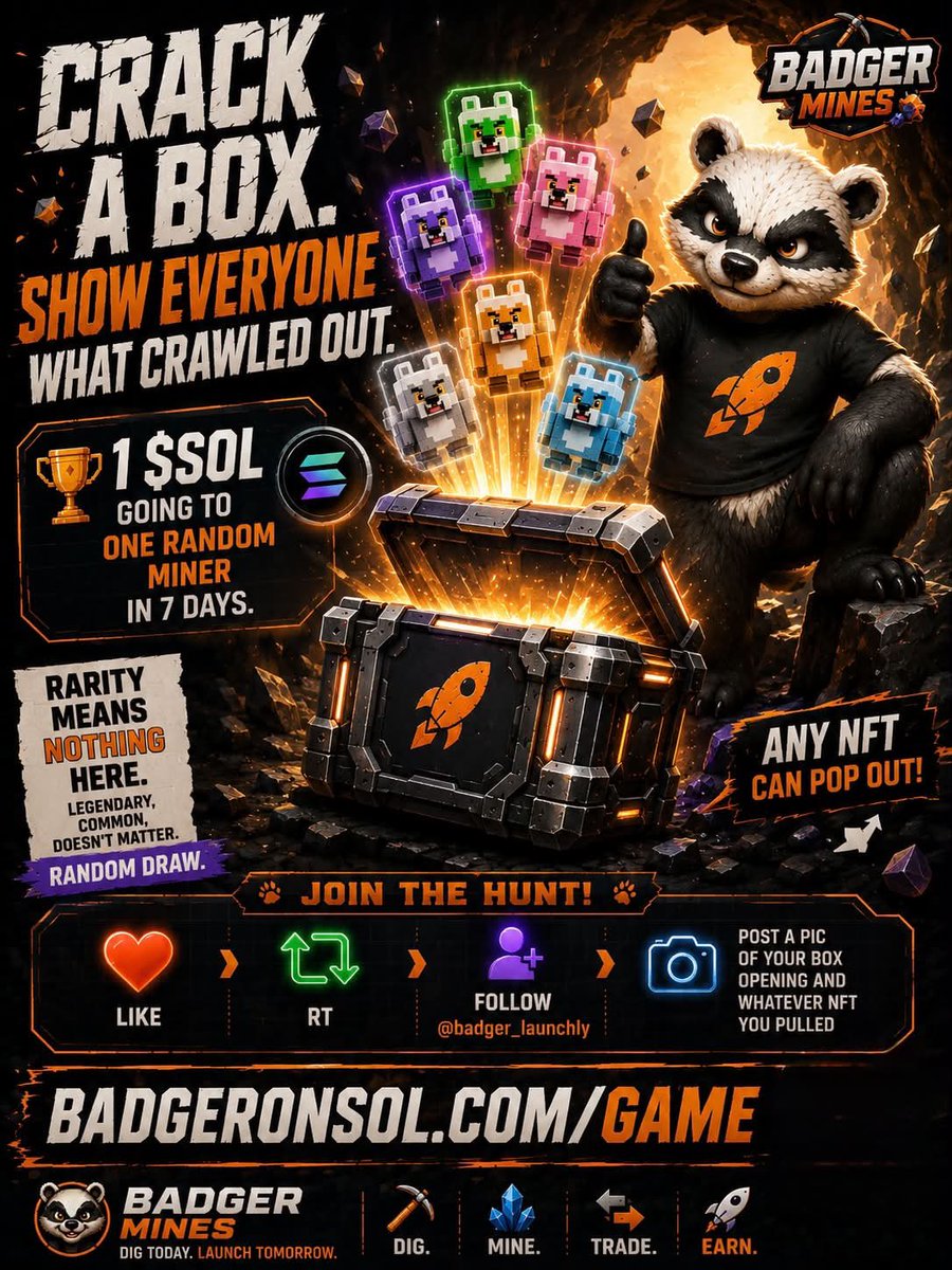 Badger_launchly's tweet photo. 1 $SOL going to ONE random miner in 7 days.

like + RT
follow @badger_launchly
post a pic of your box opening and whatever NFT you pulled

rarity means nothing here. legendary, common, doesn't matter. random draw.

https://t.co/nYRyh6k6jG
solana:9fz2CTgCfNzDG7QRVCUCGLzCDJMmrmYM5u6zqwJNwSEL  #solana @solana