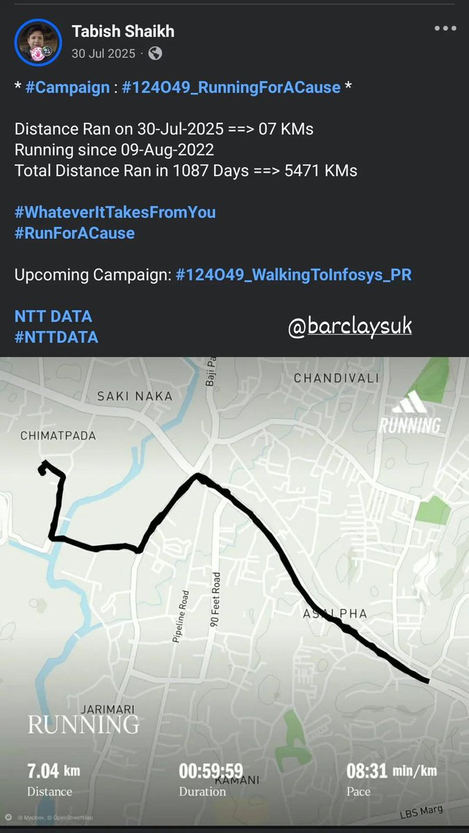 TabishSk21's tweet photo. * #Campaign : #124O49_RunningForACause *

Distance Ran on 30-Jul-2024 ==> 05 KMs
Running since 09-Aug-2022 
Total Distance Ran in 722 Days ==> 3610 KMs

#WhateverItTakesFromYou
#RunForACause

Upcoming Campaign: #124O49_WalkingToInfosys_PR 

@BarclaysUK
#Barclays https://t.co/Ljnz3qQpBs