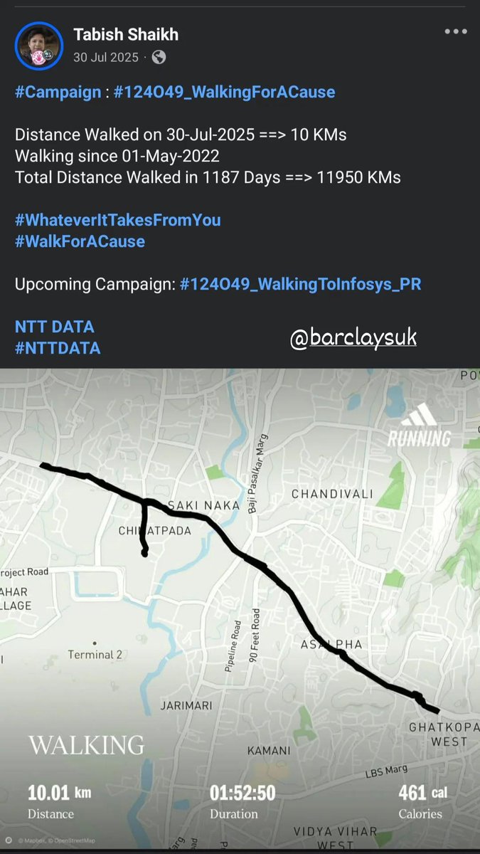 TabishSk21's tweet photo. * #Campaign : #124O49_RunningForACause *

Distance Ran on 30-Jul-2024 ==> 05 KMs
Running since 09-Aug-2022 
Total Distance Ran in 722 Days ==> 3610 KMs

#WhateverItTakesFromYou
#RunForACause

Upcoming Campaign: #124O49_WalkingToInfosys_PR 

@BarclaysUK
#Barclays https://t.co/Ljnz3qQpBs