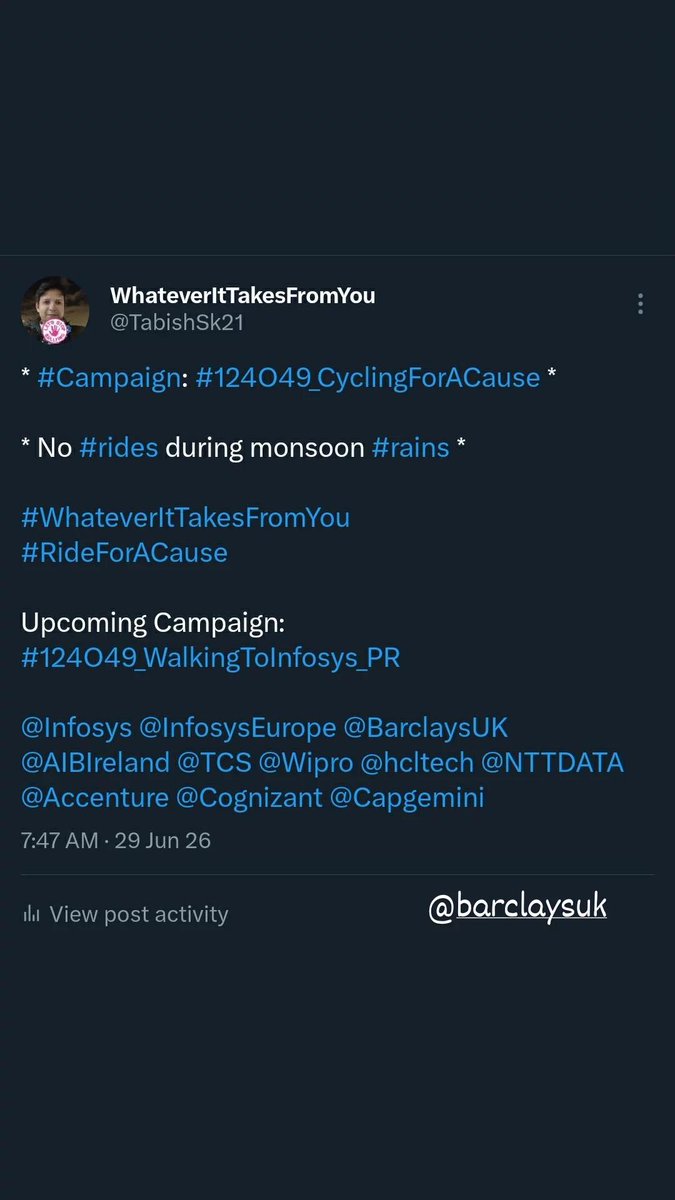 TabishSk21's tweet photo. * #Campaign : #124O49_RunningForACause *

Distance Ran on 30-Jul-2024 ==> 05 KMs
Running since 09-Aug-2022 
Total Distance Ran in 722 Days ==> 3610 KMs

#WhateverItTakesFromYou
#RunForACause

Upcoming Campaign: #124O49_WalkingToInfosys_PR 

@BarclaysUK
#Barclays https://t.co/Ljnz3qQpBs