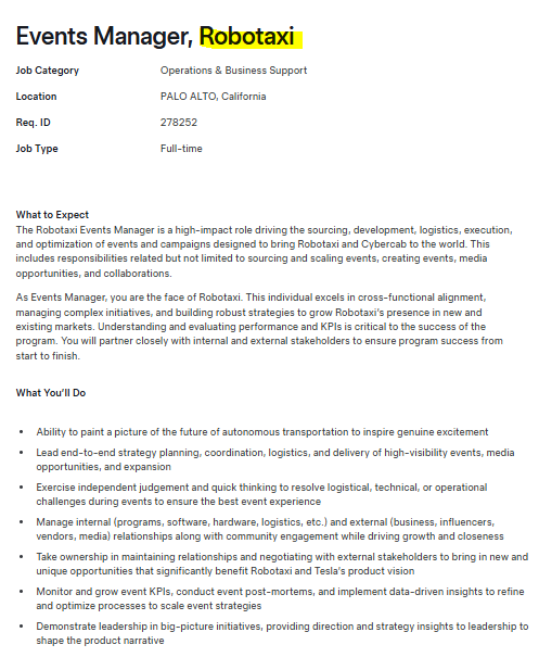 TeslaZoa's tweet photo. Tesla is hiring a Robotaxi Events Manager in Palo Alto, California.

The role will lead the end-to-end planning and execution of events and campaigns designed to introduce Robotaxi and Cybercab to the world, covering event sourcing, logistics, media opportunities, collaborations, and on-site operations.

The manager will work closely with Tesla’s software, hardware, logistics, and program teams, as well as businesses, influencers, vendors, media, and local communities to expand Robotaxi’s presence in new and existing markets.

The role also involves tracking event KPIs, conducting post-event reviews, improving strategies through data-driven insights, and helping shape the public narrative around Tesla’s autonomous transportation vision.