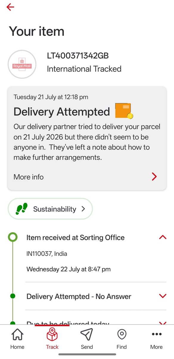 pradeep6z's tweet photo. @IndiaPostOffice

My international parcel sent via @RoyalMail has still not been delivered, and I’m unable to get any response from your customer support

Tracking: LT400371342GB

Please provide the current status and deliver it urgently.This delay &amp; lack of support unacceptable. https://t.co/qA21qadLJU