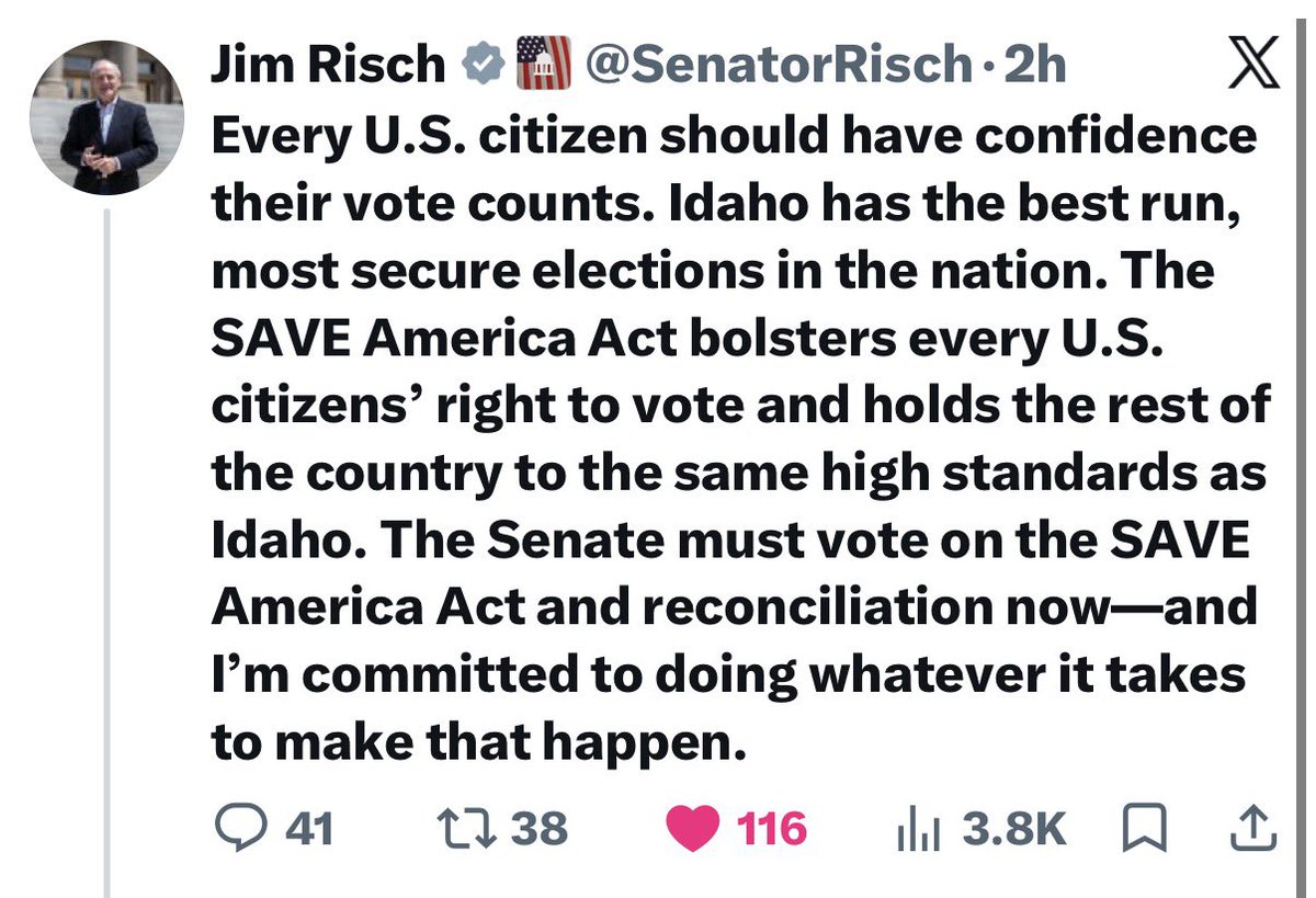 ScottPresler's tweet photo. ANOTHER ONE

Senator Jim Risch (R-ID) is willing to remain in DC through August recess to pass the SAVE America Act. https://t.co/P92qZfIWyE
