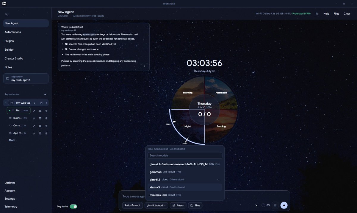 palmaierc's tweet photo. Update: Patch 1.0.1 has been applied 🌙

Fixed 99.9% of the reported issues and bugs. 

Main focus was on agent reliability: live price and news questions now trigger a web search instead of stale answers, scraper MCP in chats. Blender vision verify and the 3D Small profile are gone—everything goes through the blender-math GLM path. 

Runs should always end with a readable summary, with a "AI council"-style review in situations when the answer would otherwise fail or get stripped. Terminal installs that succeed despite exit code 1 no longer spin into false terminal-error loops.

On the UI side, model switching is simpler w/ the overlay sitting above the model picker. Day tasks toggles turn green in dark mode and the home clock kicks in after ten seconds of idle as a screensaver. The Git tab shows themed empty states when commit history is blank.

Thanks to the testers, you know who you are!

$PALM @rootsh