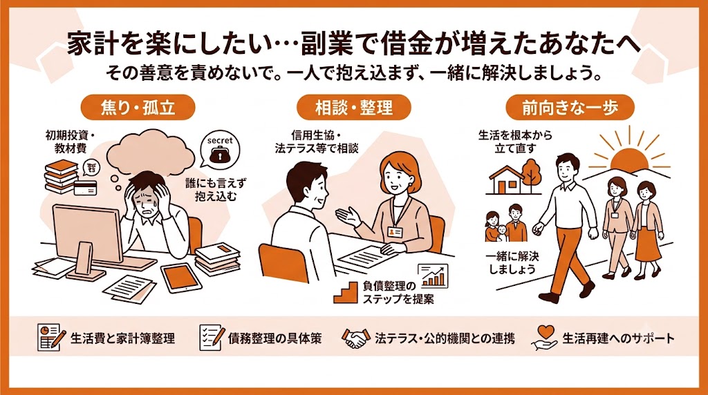 cfc_ss_'s tweet photo. 「家計を楽にしたい」「家族のために収入を増やしたい」という一心で始めた副業。

初期投資や教材費がかさみ、かえって借金が増えてしまった……
自分を責めて、誰にも言えず抱え込んでいませんか？

あなたが動いたきっかけは、「生活を良くしたい」という前向きな善意だったはず。

失敗した自分をあまり責めないでください。増えてしまった負債は、正しい手順を踏めば必ず整理できます。

信用生協は、あなたの苦しいお気持ちを受け止め、生活を根本から立て直すための現実的なステップを提案します。

生協以外にも法テラスや公的機関など、あなたを助ける選択肢はたくさんあります。

一人で抱え込まず、最初の一歩を私たちと共に始めましょう。

※信用生協は青森県・岩手県にお住まいもしくは勤務している方がご利用できます。
#副業失敗 #借金相談 #信用生協
