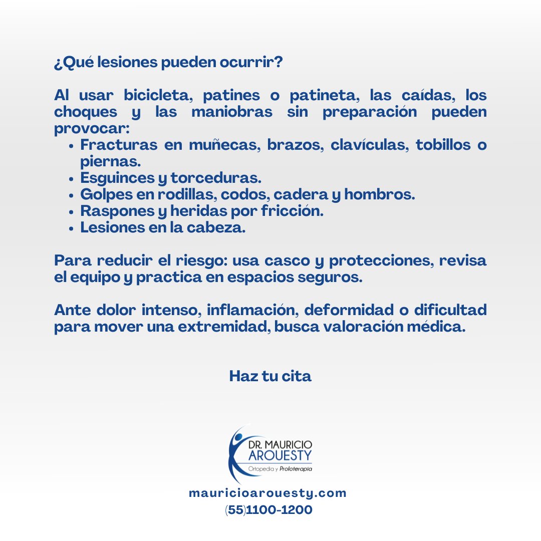 DrArouesty's tweet photo. Andar en bicicleta, patines o patineta es una forma divertida de mantenerse activo durante las vacaciones, pero una caída puede provocar golpes, esguinces, heridas, fracturas o lesiones en la cabeza.

El uso de casco y protecciones, la revisión del equipo y la elección de espacios seguros pueden ayudar a prevenir lesiones.

¿Presentas dolor después de una caída o actividad física? 
Agenda una cita.
Tel. 55 1100 1200
Acueducto Río Hondo 30, 3er piso, Lomas de Chapultepec, Miguel Hidalgo, CDMX.
https://t.co/3Cs4gBpy3X