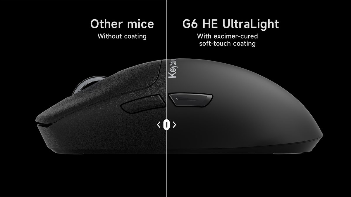 KeychronMK's tweet photo. Three months in, most mice get slick and shiny. Sweat wins. 😮‍💨

The G6 HE uses an excimer-cured soft-touch coating — matte, grippy, and it stays that way.

Left: bare plastic. Right: ours. Swipe and feel the difference. 👀 https://t.co/K4EwgoZqQo