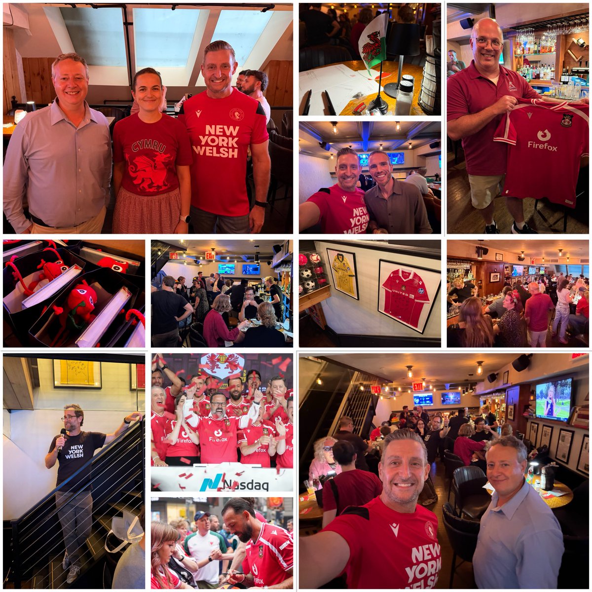 NewYorkWelsh's tweet photo. Fab night co-host a drinks and quiz night with the Welsh Government, celebrating @Wrexham_AFC taking on Liverpool FC in NYC today.

Great to see hundreds of Welsh fans in the Big Apple to see the @Nasdaq bell and to celebrate after. Diolch to everyone who came out. And thanks to @WalesinNA and the whole team at @AcreNyc for a great evening. 

#NewYorkWelsh #Wrexham @WrexhamUSA #diaspora