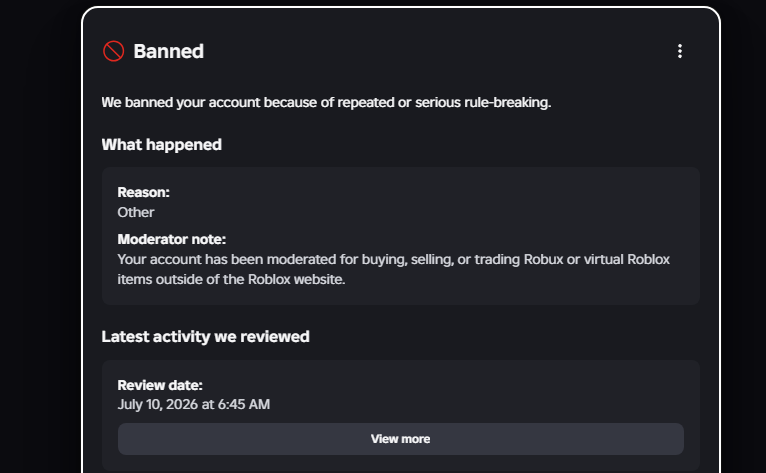 NoRac84256's tweet photo. Roblox im so tired of this bs stop using your AI to moderate devs so you can keep profits. I get banned for buying a 300k com while seeing others also being banned over nothing, this needs to stop https://t.co/O4XiHRRQh0