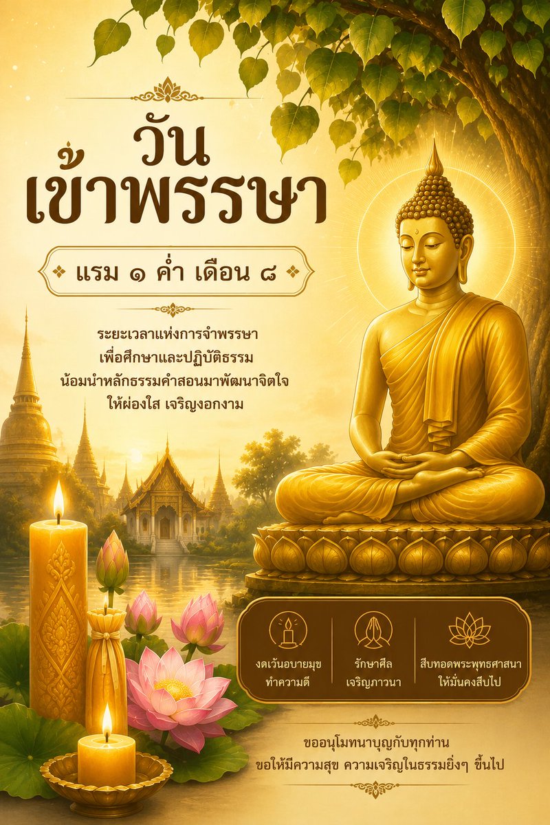 patcharavittaya's tweet photo. 🙏วันเข้าพรรษา คือ วันสำคัญทางพระพุทธศาสนาที่พระสงฆ์จะอธิษฐานอยู่ประจำวัด ไม่ไป���้างแรมที่อื่นเป็นเวลา 3 เดือนในช่วงฤดูฝน โดยตรงกับวันแรม 1 ค่ำ เดือน 8🙏

#วันเข้าพรรษา
#แรม1ค่ำเดือน8
#ปีการศึกษา2569
#โรงเรียนพัชรวิทยา
#patcharavittaya https://t.co/p4Th0sOkTO