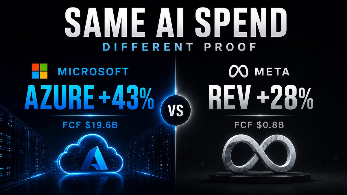 ExitLiqDesk's tweet photo. Microsoft spent $41B on capex and jumped 8% after hours.

Meta spent heavily too and fell.

The market isn’t rejecting AI spending. It’s separating companies that can already turn it into cloud revenue from companies still asking investors to wait. https://t.co/355fzvNW2Y