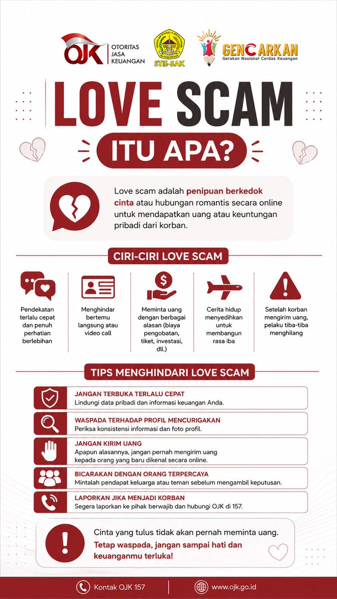 cyntiaaa_c's tweet photo. Love scam itu apa? Yuk kenali ciri dan cara menghindarinya 🤔🤌❤️‍🩹

#ojk #ojkindonesia #sikapiuangmu #tipskeuangan #gencarkan2026 

@ojkindonesia @ojk_jambi @sikapiuangmu https://t.co/ujK6xilekJ