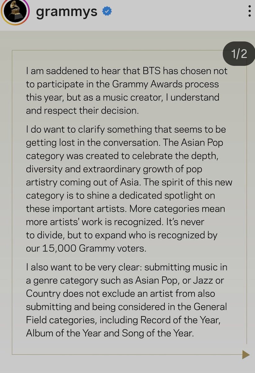 BeautifulSoulB7's tweet photo. 글애미 CEO의 답변 

"올해 BTS가 글애미 어워드에 제출하지 않기로 결정했다는 소식을 듣고 아쉬웠지만, 음악 창작자의 한 사람으로서 그들의 결정을 이해하고 존중합니다. 

 다만, 최근 논의 과정에서 오해가 생기고 있는 부분에 대해 한 가지 명확히 바로잡고 싶습니다.

​'아시안 팝' 부문은 아시아에서 배출되는 팝 아티스트들의 깊이와 다양성, 그리고 눈부신 성장을 기념하기 위해 신설되었습니다. 이 새로운 부문의 취지는 이러한 중요한 아티스트들에게 집중적인 조명을 비추기 위함입니다. 부문이 더 늘어난다는 것은 곧 더 많은 아티스트의 작품이 인정받게 됨을 의미합니다. 이는 결코 편가르기를 위함이 아니라, 15,000명에 달하는 글애미 투표인단에 의해 인정받는 대상의 범위를 확장하기 위함입니다.

​또한 한 가지 점을 매우 분명히 하고 싶습니다. 아시안 팝, 재즈, 컨트리와 같은 특정 장르 부문에 음악을 제출한다고 해서, 올해의 레코드(Record of the Year), 올해의 앨범(Album of the Year), 올해의 노래(Song of the Year)를 포함한 본상(General Field) 부문 제출 및 심사 대상에서 제외되는 것은 아닙니다. 

이러한 본상 부문은 장르에 관계없이 자격을 갖춘 모든 음원에 열려 있습니다. 장르 부문에서의 인정과 본상 부문에서의 인정은 상호 배타적인 것이 아니며, 아티스트는 두 분야 모두를 얼마든지 동시에 추구할 수 있습니다

글애미 재단은 음악과 음악을 만드는 모든 사람들을 위해 존재합니다. 지역이나 언어에 관계없이 우리의 영향력, 회원 구성, 그리고 시상 범위를 계속해서 확장해 나가는 과정에서, 저는 우리가 앞으로도 전 세계 음악 커뮤니티의 목소리에 귀를 기울일 것이며 음악으로 세상을 움직이는 모든 아티스트들을 기리고 축하하기 위해 노력할 것임을 강조하고 싶습니다"