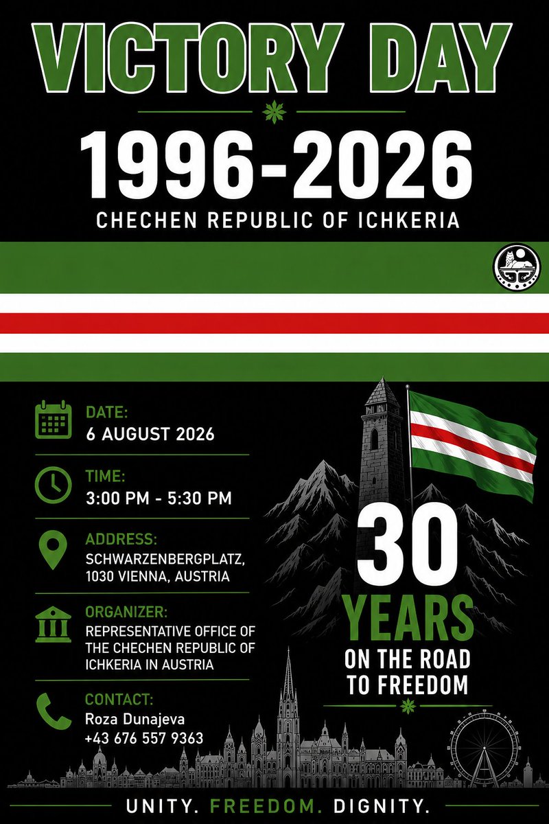 RDunajeva's tweet photo. Commemorative Event
30th Anniversary of Chechnya's Victory over Russian AggressionThis year marks the 30th anniversary of Chechnya's victory over Russian aggression.We gather to honor the memory of those who sacrificed for freedom, remember the resilience of the Chechen people,a https://t.co/sPiaPFqcxW