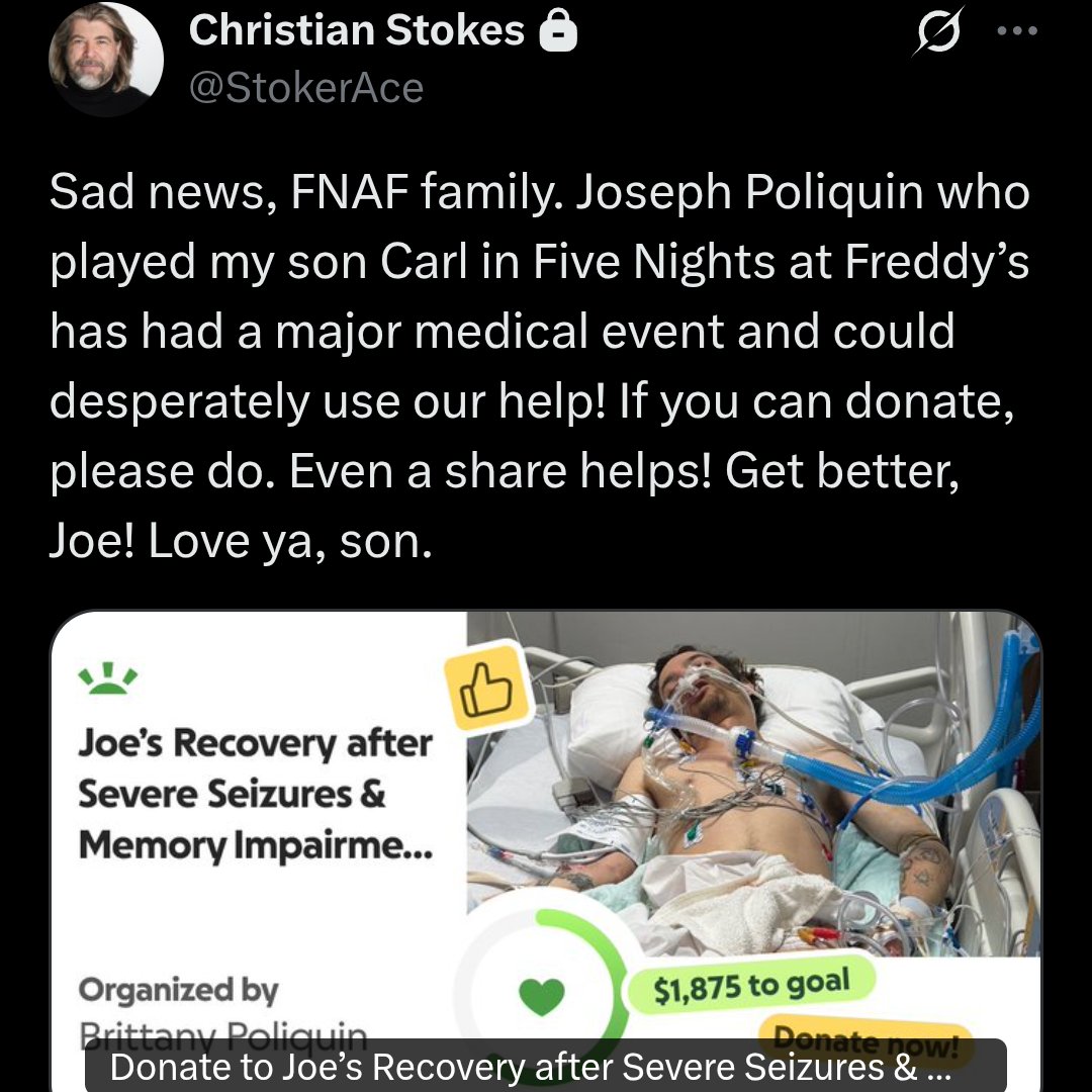 AftonRob0tics's tweet photo. Joseph Polliquin who plays Carl in the FNaF Movie has suffered from a seizure, posting this here so more people can see it.
Link if you can support: https://t.co/JPnIoR7Zy1 https://t.co/JRDX2ipzDD