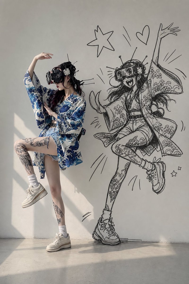 VR Kimono Girl with Anime Wall Sketch