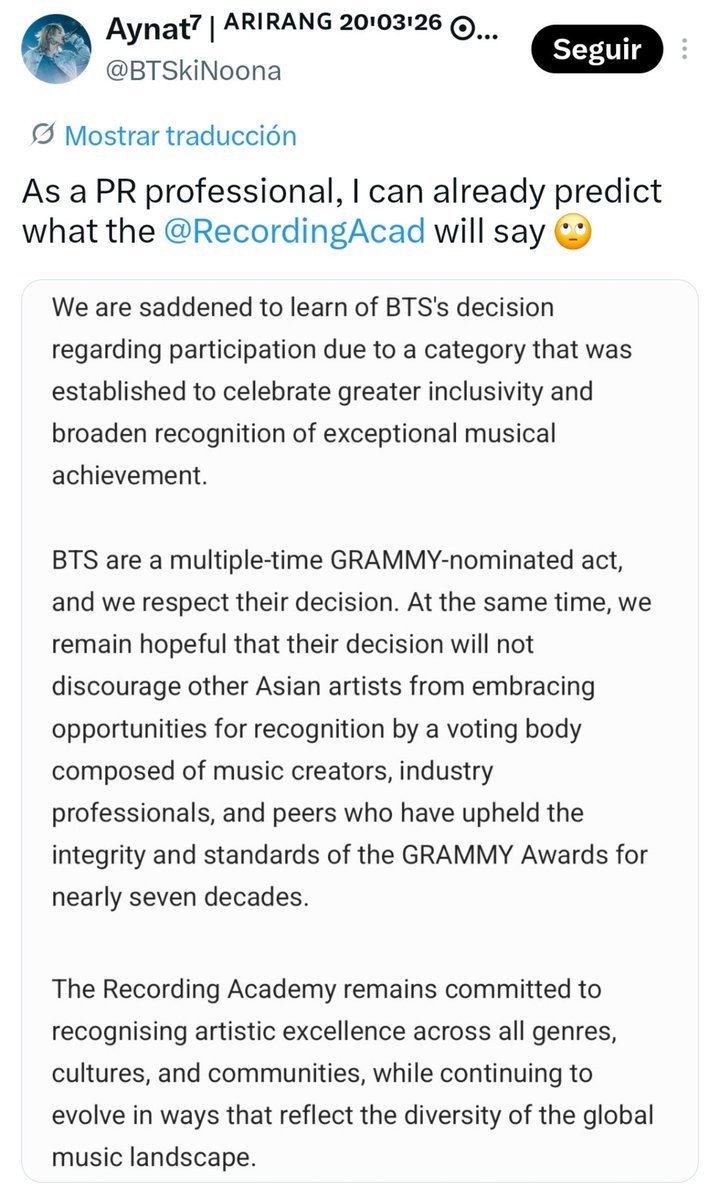 ARMYForce_Peru's tweet photo. Esto no puede ser real. 🙂 

Una ARMY escribió cómo imaginaba que responderían los GRAMMYs... #WeStandWithBTS

Y el CEO terminó diciendo prácticamente lo mismo.

Juzguen ustedes mismos.

Predicción                      Respuesta
de ARMY          🆚    oficial GRAMMY https://t.co/IJrxXJrFoM