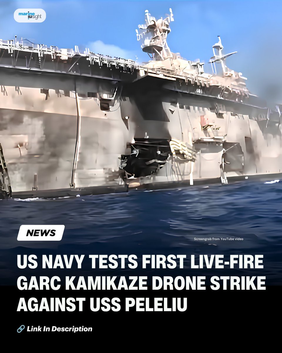 MarineInsight's tweet photo. US Navy Tests First Live-Fire GARC Kamikaze Drone Strike Against USS Peleliu

Read Full News Here 👉  https://t.co/n7tHzYVjlu

#USNavy #GARC #Dronestrike #USSPeleliu #news #maritime #MarineInsight #Merchantnavy #Merchantmarine https://t.co/6XZdtPT0fq