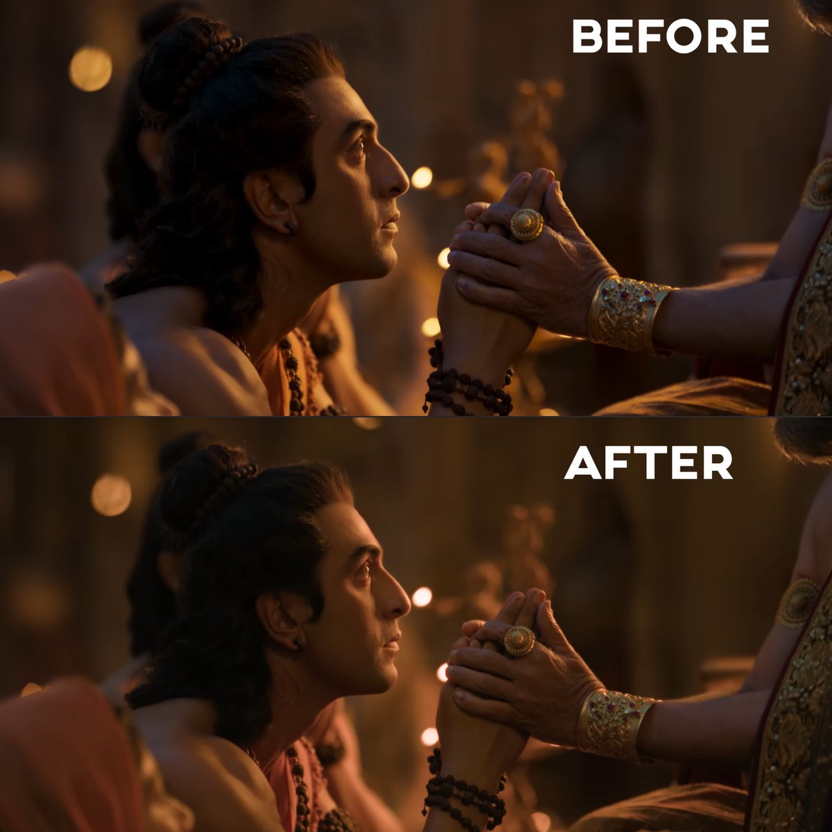 itsmoztaba's tweet photo. #Ramayana trailer stills before and after..

They really did some work and it also shows they were hiding some key shots not to spoil us 

#RanbirKapoor looks serene..

#namitmalhotra #ramayana #ranbir #yash #dneg #trailer https://t.co/StRAqsirJf