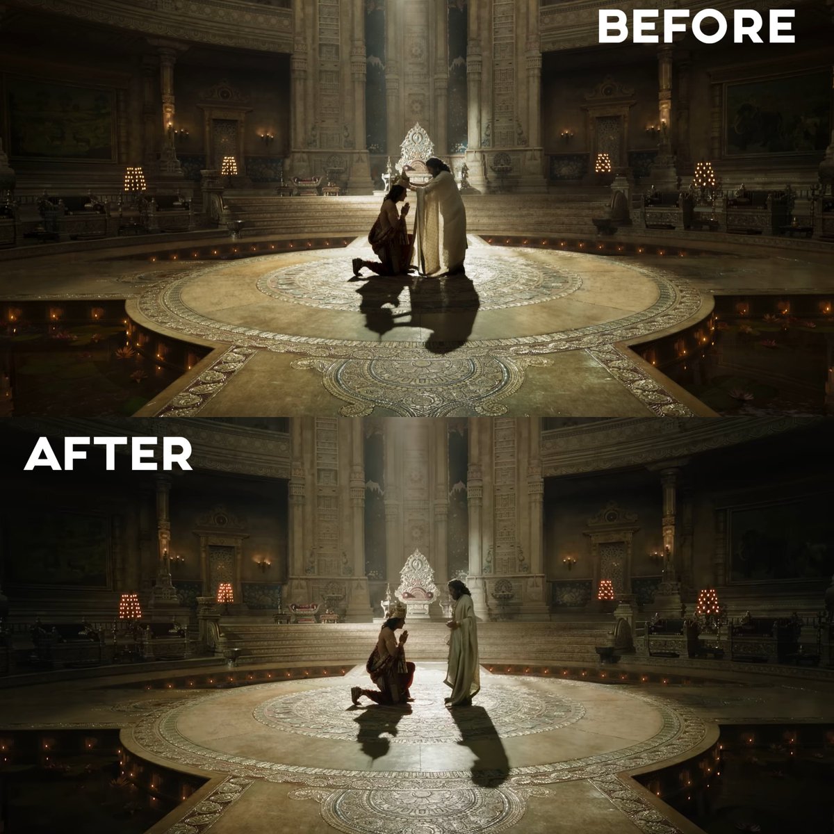itsmoztaba's tweet photo. #Ramayana trailer stills before and after..

They really did some work and it also shows they were hiding some key shots not to spoil us 

#RanbirKapoor looks serene..

#namitmalhotra #ramayana #ranbir #yash #dneg #trailer https://t.co/StRAqsirJf