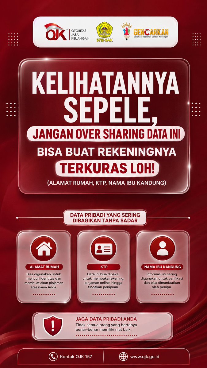 cyntiaaa_c's tweet photo. Kelihatannya sepele tapi bahaya, jangan over sharing data ini 📢❌📌

#ojk #ojkindonesia #sikapiuangmu #tipskeuangan #gencarkan2026 

@ojkindonesia @ojk_jambi @sikapiuangmu https://t.co/8RbHLg0kHj