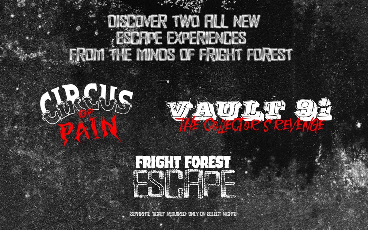 FrightForest's tweet photo. One final announcement! 

This year in addition to haunted houses, you can experience two immersive escape rooms that take you into the worlds of two of the events most iconic hosts. Visit a carnival of pain and suffering and enter  the dark vault of Fright Forest’s history. https://t.co/HOqJsQgWl9