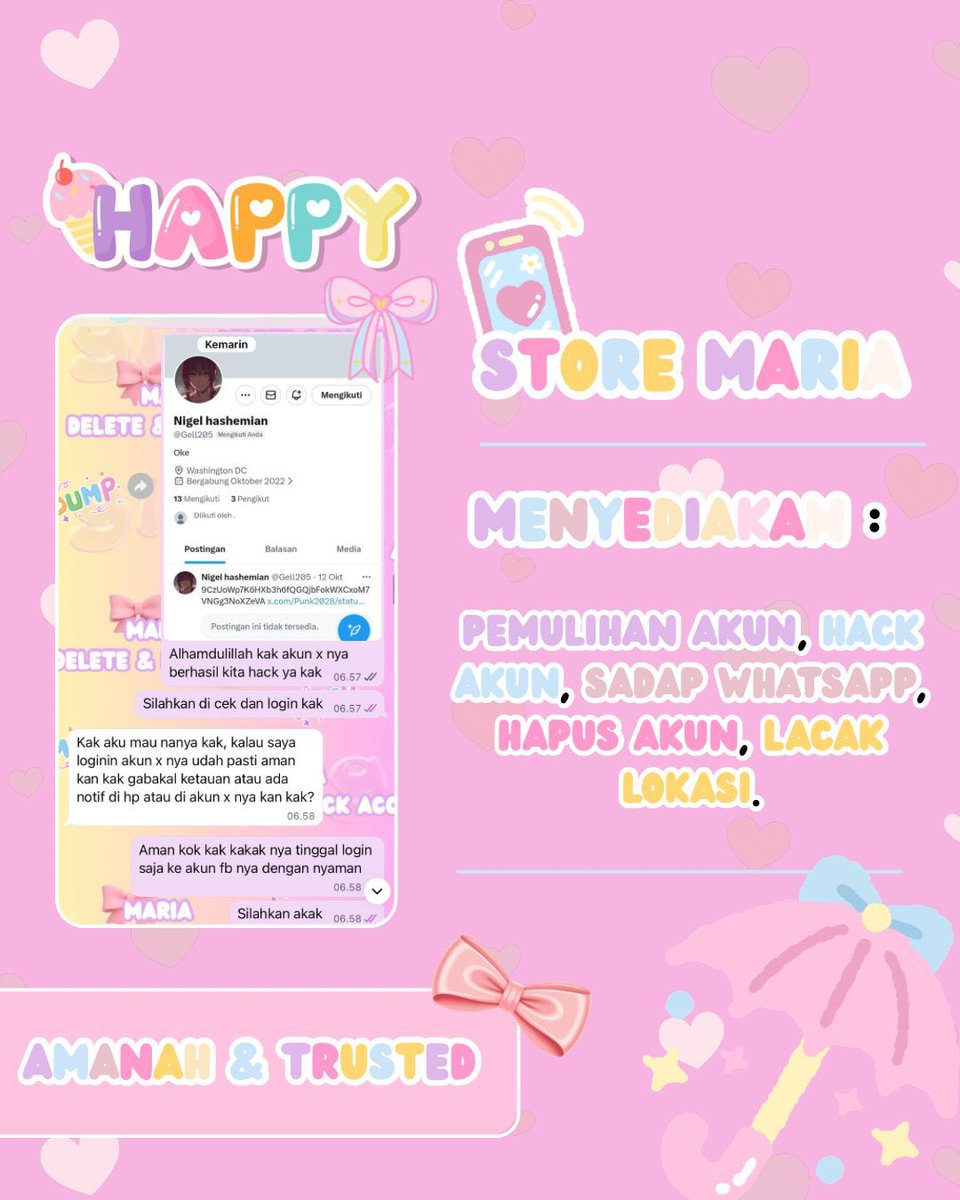 Leslei143's tweet photo. ✧˚ jasa pemulihan akun
- instagram, tiktok, whatsapp, line, facebook, x, gmail, telegram, linkedin

✧˚ jasa hapus akun
- facebook, tiktok, instagram, line, whatsapp, twitt / x, linkedin 

hack akun, sadap wa, lacak lokasi ?
જ⁀➴♡ WA DI BIO YA
#zonauang #zonajajan #zoomjakol https://t.co/8fHX5RUWjv