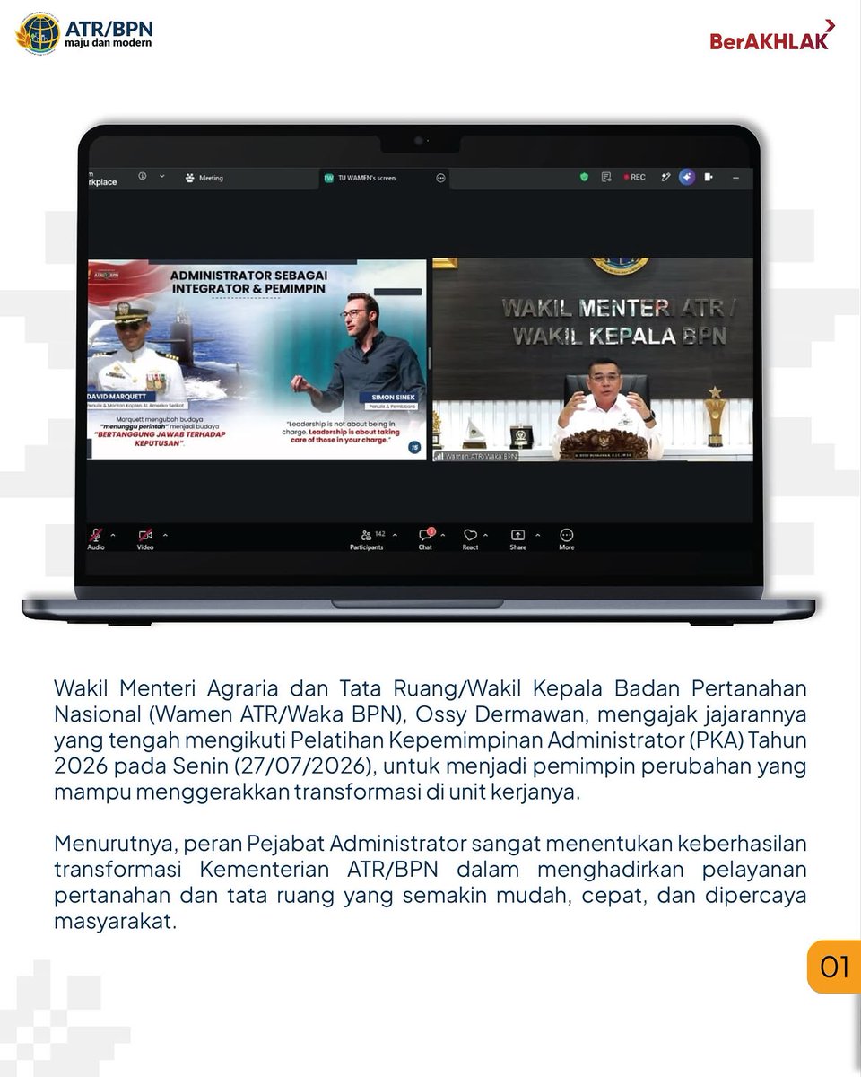 KantahBPP's tweet photo. Wakil Menteri ATR/Waka BPN, Ossy Dermawan, mengajak jajarannya yang tengah mengikuti Pelatihan Kepemimpinan Administrator (PKA) Tahun 2026 untuk menjadi pemimpin perubahan yang mampu menggerakkan transformasi di unit kerjanya. https://t.co/FsadljtV9E