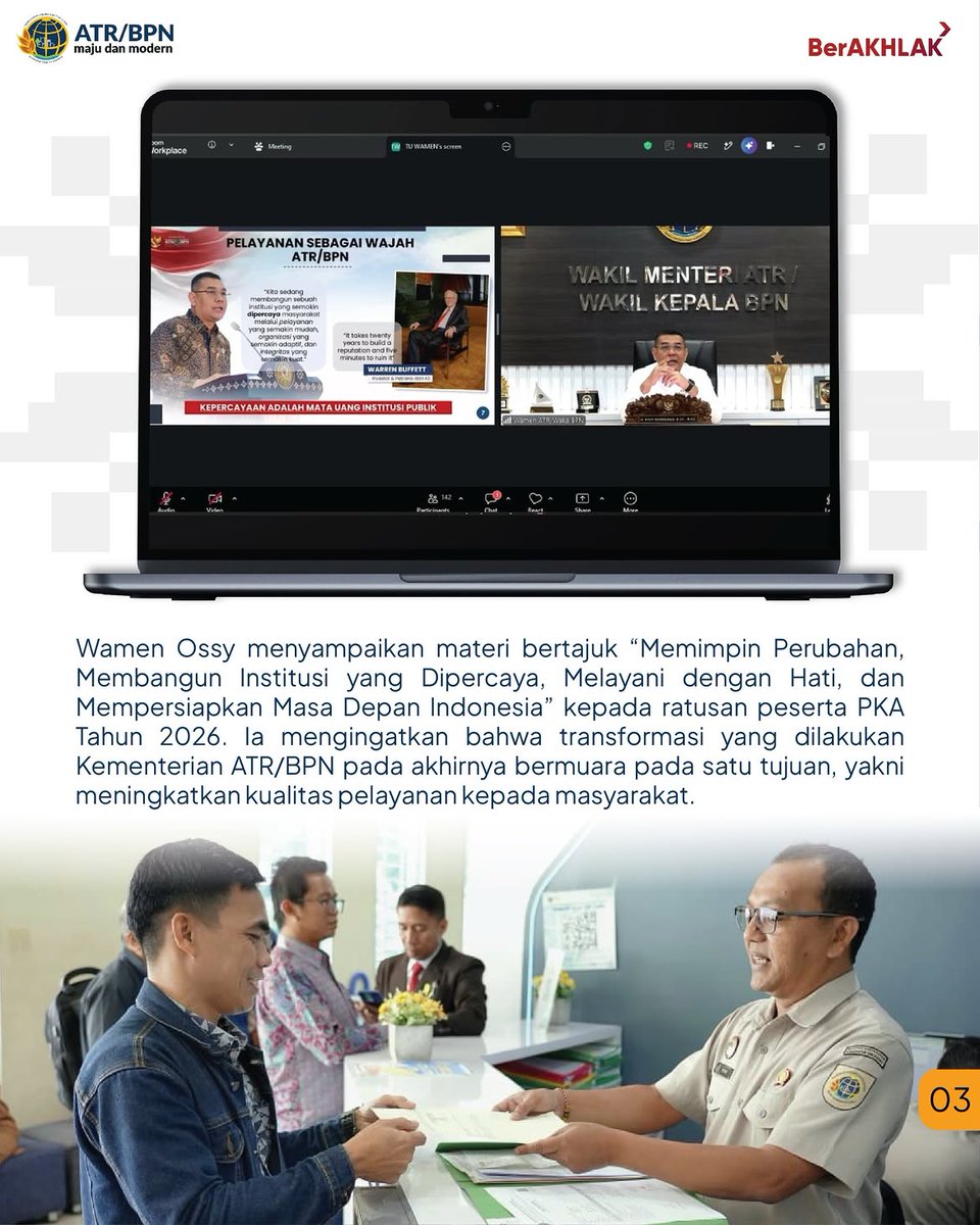 KantahBPP's tweet photo. Wakil Menteri ATR/Waka BPN, Ossy Dermawan, mengajak jajarannya yang tengah mengikuti Pelatihan Kepemimpinan Administrator (PKA) Tahun 2026 untuk menjadi pemimpin perubahan yang mampu menggerakkan transformasi di unit kerjanya. https://t.co/FsadljtV9E