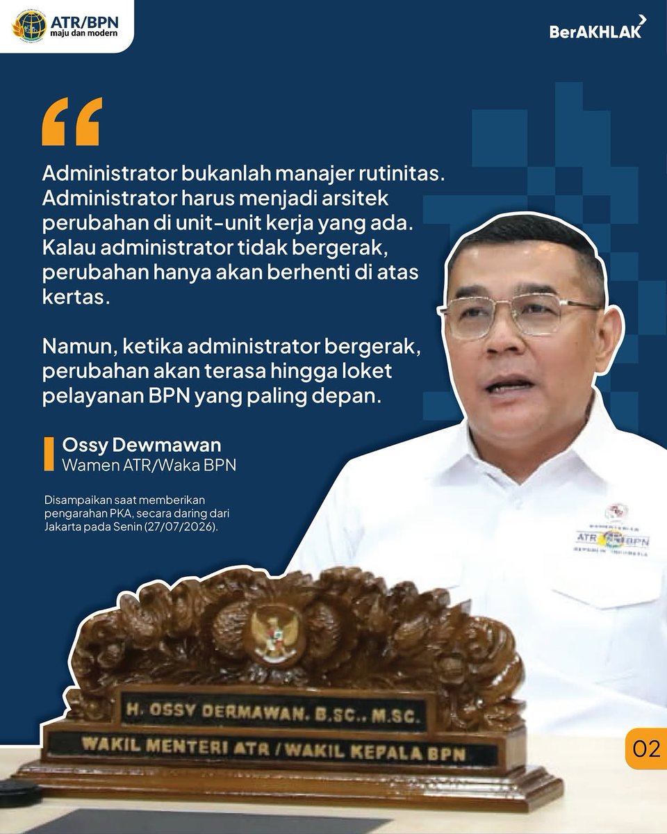 KantahBPP's tweet photo. Wakil Menteri ATR/Waka BPN, Ossy Dermawan, mengajak jajarannya yang tengah mengikuti Pelatihan Kepemimpinan Administrator (PKA) Tahun 2026 untuk menjadi pemimpin perubahan yang mampu menggerakkan transformasi di unit kerjanya. https://t.co/FsadljtV9E