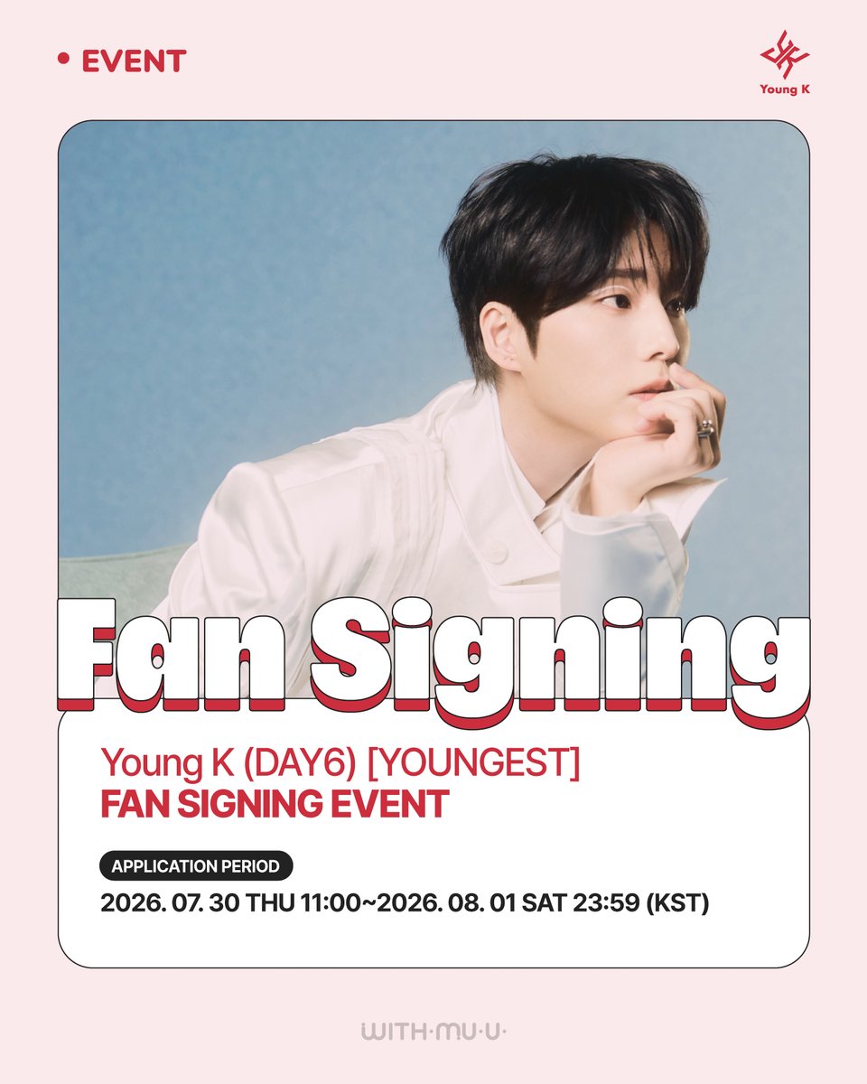 Withmuu_twt's tweet photo. [💿] Young K (DAY 6) 2nd Full Album [YOUNGEST] 팬사인회 이벤트 안내

[ 🕒 응모 기간 ]
7/30(목) 11AM ~ 8/1(토) 11:59PM (KST)

💙이벤트 일시: 8/6(목) 7PM ~
💙당첨자 발표: 8/2(일) 11AM 이후 

🔗KR https://t.co/OhbamTIqLt
🔗CN https://t.co/iM3CnDueK2
🔗JP https://t.co/sKOxz3Mv0w
🔗GLOBAL https://t.co/nGujXzYgI0

영케이 사인회 응모가 시작되었습니다!
지금 #위드뮤 에서 확인해 주세요!

#DAY6 #데이식스
#YoungK #영케이
#YOUNGEST