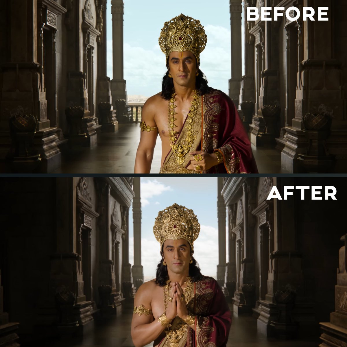 itsmoztaba's tweet photo. #Ramayana trailer stills before and after..

They really did some work and it also shows they were hiding some key shots not to spoil us 

#RanbirKapoor looks serene..

#namitmalhotra #ramayana #ranbir #yash #dneg #trailer https://t.co/StRAqsirJf