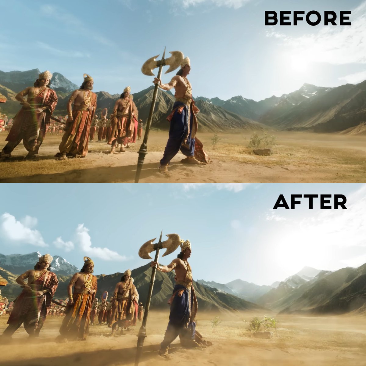 itsmoztaba's tweet photo. #Ramayana trailer stills before and after..

There are big color grading and scaling changes in the new trailer fits well with the overall environment of this movie

Pushpak Viman looks more detailed..

#namitmalhotra #ramayana #ranbir #yash #dneg #trailer https://t.co/TFa3L37haW