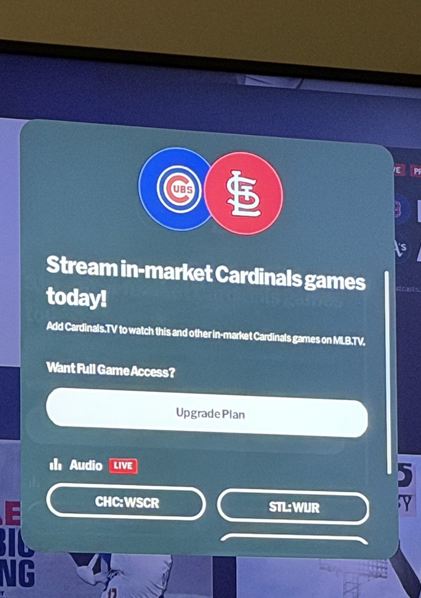 sk_langley85's tweet photo. So let me get this straight… @MLBTV @MLB, it’s not enough that I pay A LOT for #mlbtv, only to have the majority of the Cubs division games blacked out, but now I can pay additional money to watch said games?   That is a greedy scum move, right there… https://t.co/pAG5tv5PAe