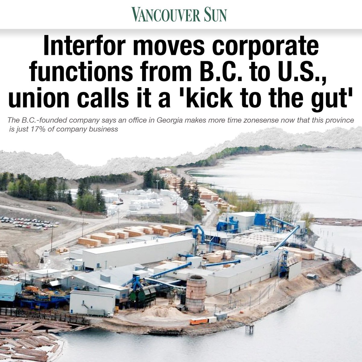 AaronGunn's tweet photo. Sad and also frustrating to watch yet another major forestry company that made billions in British Columbia over the past 60+ years moving its core operations to the United States.

This will unquestionably cost the sector (and our country) even more jobs and investment at the time we need it most.

To stop this flood of jobs and capital out of BC (especially in the face of U.S. tariffs), governments must repeal all ideological policies and obstructions that have been imposed on industry over the past ten years.

We must streamline permitting, restore legal and regulatory certainty, abandon ideological frameworks like 30x30 and support a predictable fibre supply so companies can finally begin to re-invest.  

Instead of following the lead of anti-forestry activists bankrolled from the United States, it’s time to put our workers first and get them back to work! 🇨🇦