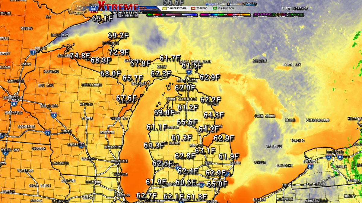 dpnf01's tweet photo. Good evening Michigan! Another beautiful and cool night is in store. Current look at our METAR temperatures (image1) across the state. Beautiful conditions out there throughout the countryside with a gradual decrease into the overnight hours. Tonight's low temperatures (image2) dipping down into the 60s with the western UP having the highest temperatures. Clouds will start to push in over night into the UP keeping those temperatures up, and they may also bring a sprinkle or two for the early morning hours but nothing wide spread. Tomorrows temperatures definitely warm up compared to today, might see some low 90s across the state. We will have an update on those tomorrow morning, but until then Michiganders, have a great night!