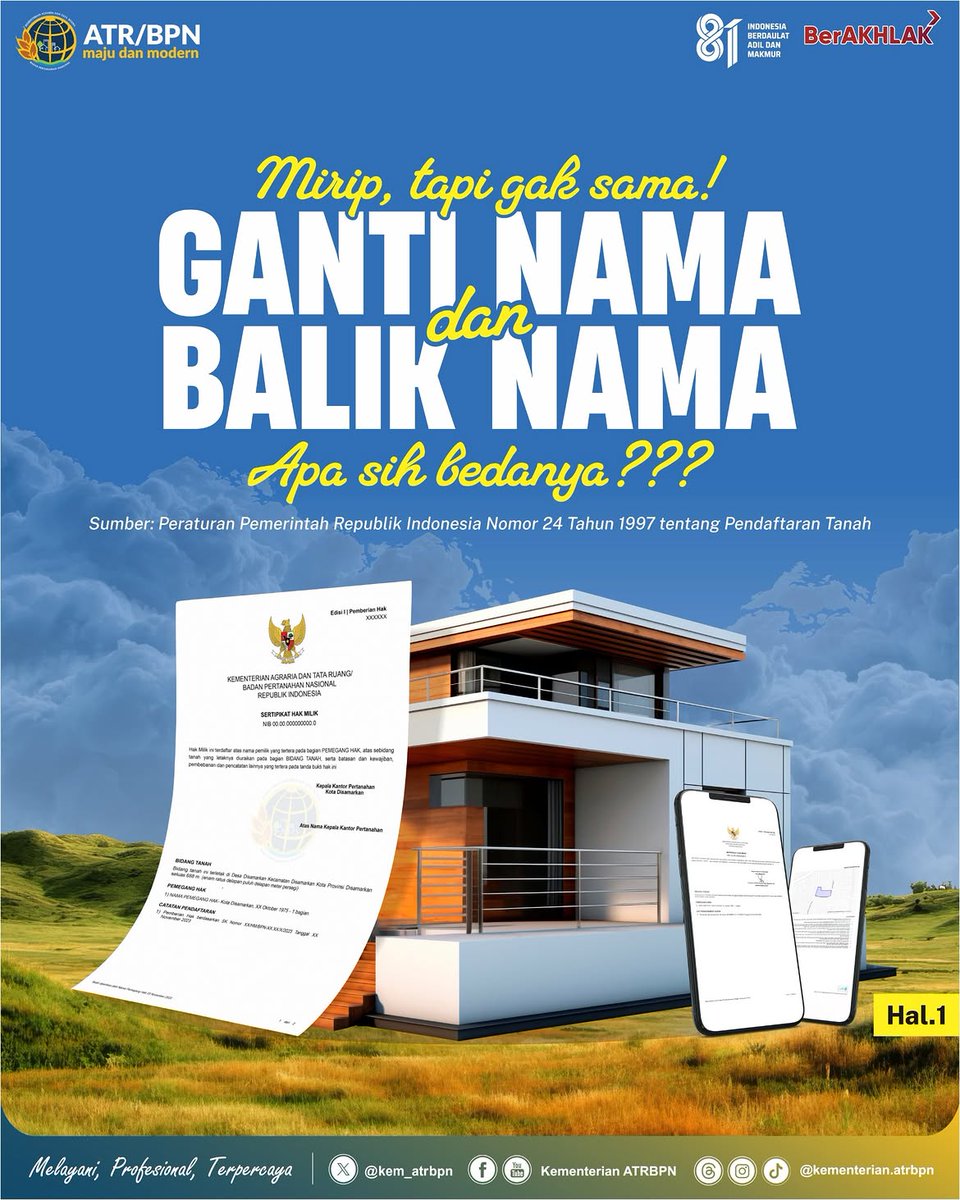 KantahBPP's tweet photo. Halo #SobATRBPN! Sudah tahu belum perbedaan antara ganti nama dan balik nama pada sertipikat?

Meskipun terdengar mirip, keduanya memiliki tujuan dan proses yang berbeda, loh! Jangan sampai keliru saat ingin mengurus layanan pertanahan.
Reposted From @kementerian.atrbpn https://t.co/dR7FI7Zz53