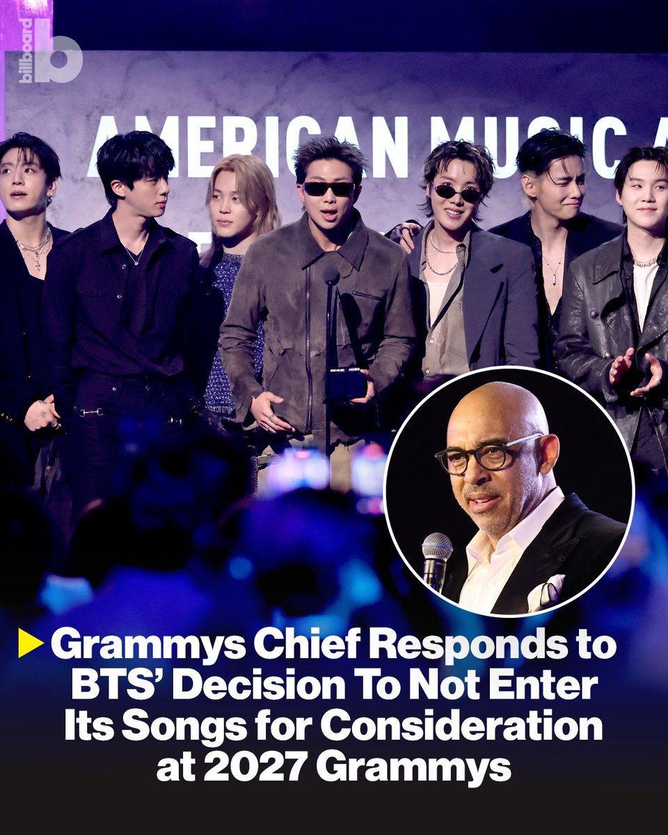 billboard's tweet photo. Recording Academy CEO Harvey Mason jr. released a statement in response to BTS’ decision not to enter their music for the 2027 Grammy Awards.

Read more: https://t.co/EyG5WE9Gcc https://t.co/3o3Kj09t1r