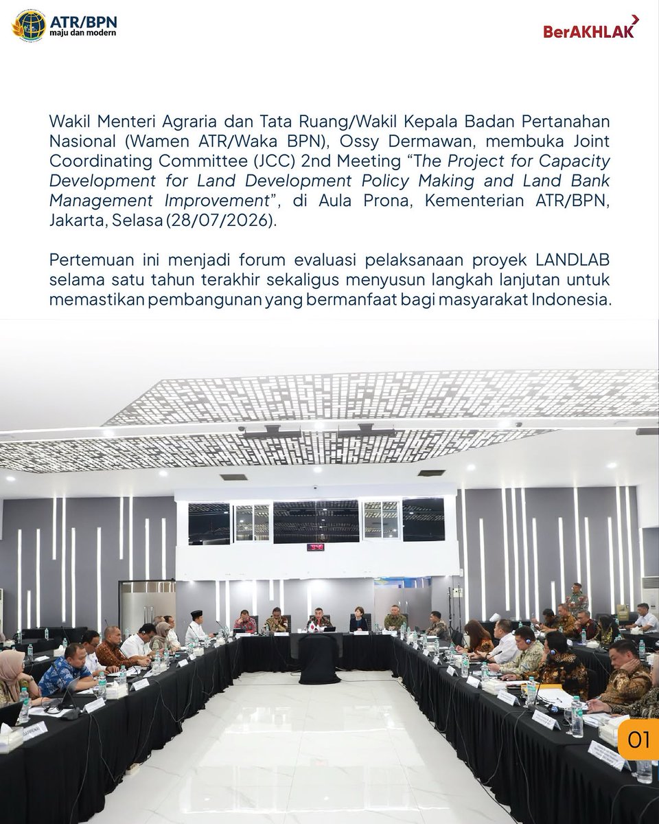 KantahBPP's tweet photo. Wamen ATR/Waka BPN, Ossy Dermawan, membuka JCC 2nd Meeting “The Project for Capacity Development for Land Development Policy Making and Land Bank Management Improvement”, di Aula Prona, Kementerian ATR/BPN, Jakarta, Selasa (28/07/2026).
Reposted from @kementerian.atrbpn https://t.co/EPZuCn8PQQ