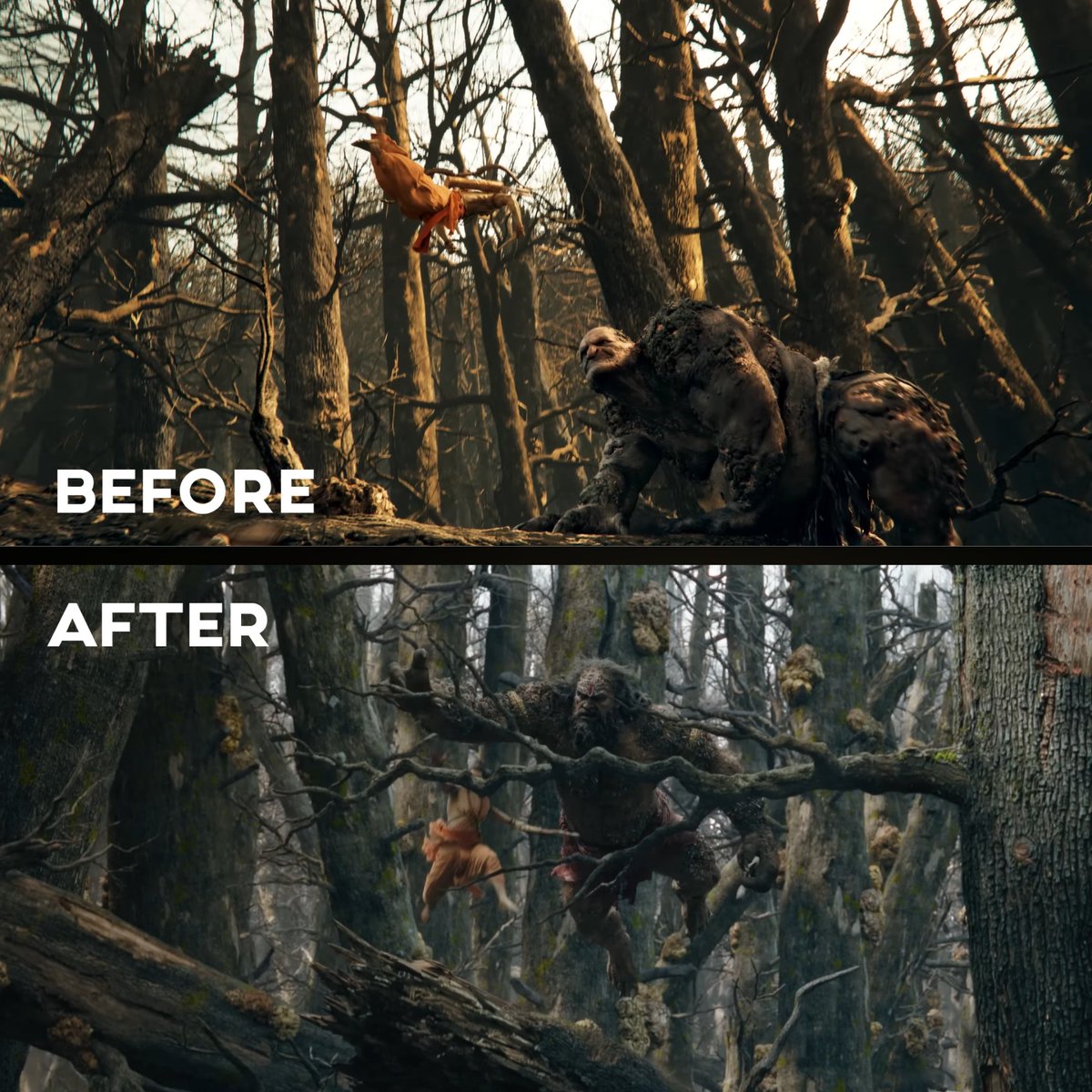 itsmoztaba's tweet photo. #Ramayana trailer stills before and after..

These are not exact shots but the improvement around those shots are visible..

I hope they fleshed it out more when the next trailer comes and refined it in the movie...

#namitmalhotra #ramayana #ranbir #yash #dneg #trailer https://t.co/fJozrwshGU