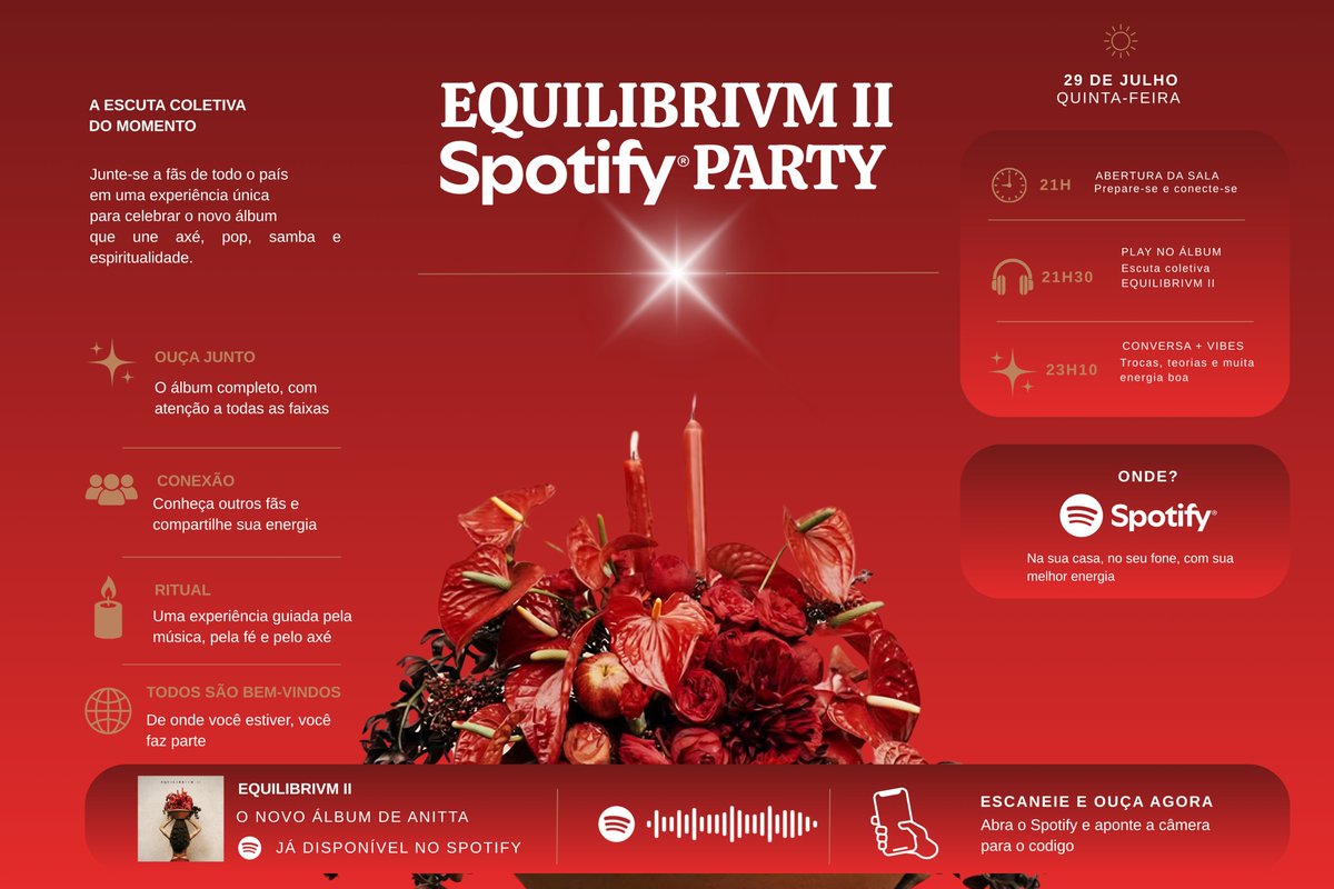 G1daAnitta's tweet photo. 🕯️A cerimônia vai começar.

Amanhã, às 21h00, vamos nos reunir para uma escuta coletiva de EQUILIBRIVM II no Spotify.

Venha viver esse momento com outros fãs, compartilhar teorias, emoções e celebrar essa nova era da Anitta.

Nos vemos lá. ❤️‍🔥

#EQUILIBRIVMII https://t.co/nFEuOOFZSc