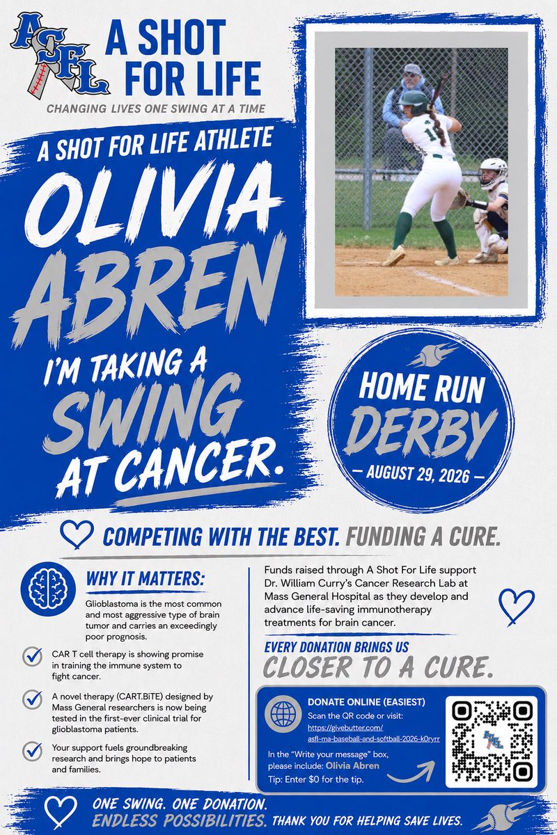 OliviaAbren2027's tweet photo. I am honored to be an ASFL athlete and participate in the 2026 Home Run Derby. I am excited to use my talents to help raise money for glioblastoma research at Mass General Brigham!

Please consider donating! Make sure to put Olivia Abren in the message box and set the tip to $0. https://t.co/7Ab0n3C5Eu