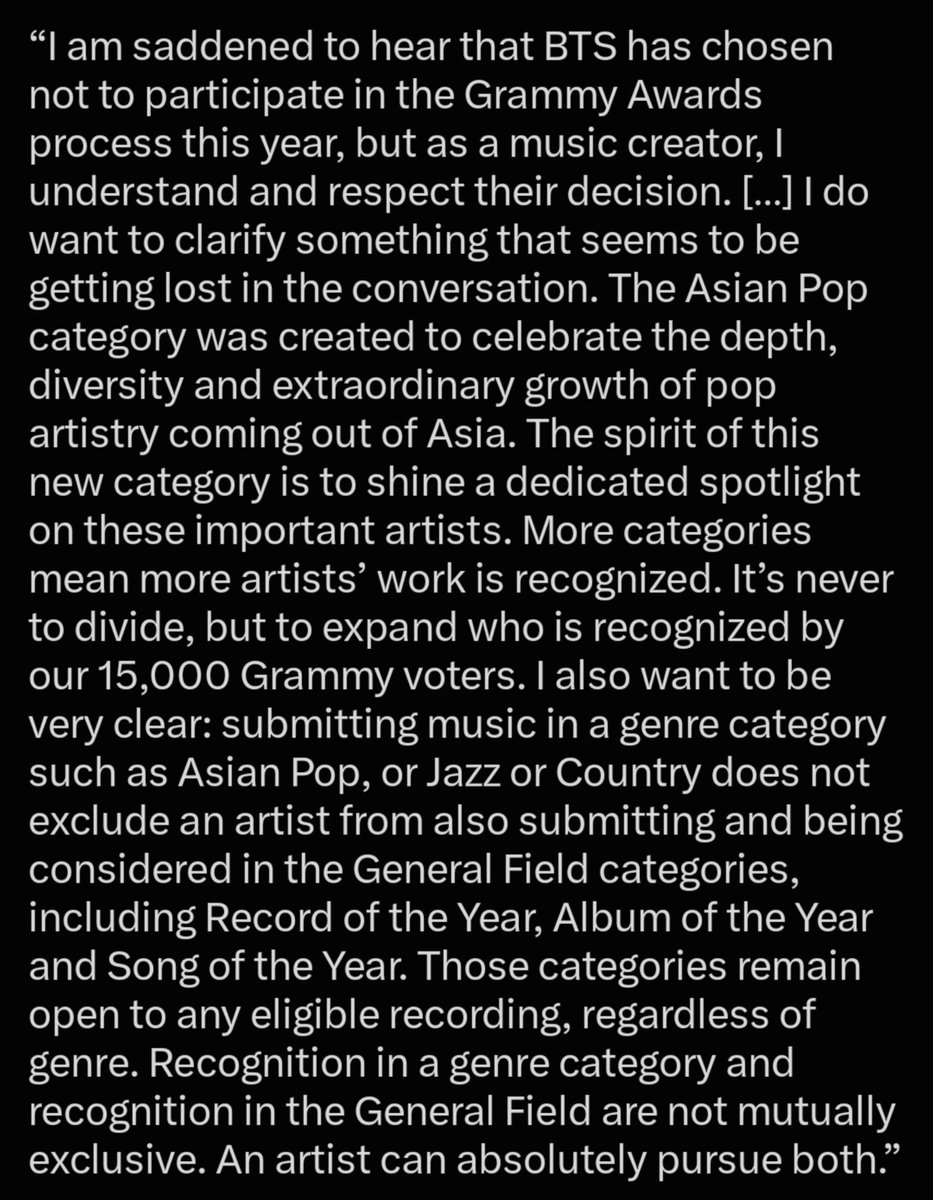 pjmIesviu's tweet photo. “La categoría de Pop Asiático se creó para celebrar la profundidad, la diversidad y el extraordinario crecimiento del arte pop proveniente de Asia. Nunca se trata de dividir, sino de ampliar quiénes son reconocidos”

“El reconocimiento en una categoría de género y el reconocimiento en las categorías generales no son mutuamente excluyentes. Un artista puede, sin duda, optar a ambos”

El ceo de los grammys diciendo esto cuando ellos deberían entender que LA MUSICA NO DEBE SER DIVIDIDA POR SU IDIOMA, ¿porque no ponen a los demás artistas en categorías grandes con los artistas gringos? Los grammys nuevamente están recurriendo a la carta de víctima porque ellos saben que AUNQUE BTS MANDE SU MUSICA ELLOS LO VAN A ENCASILLAR A SOLO LA CATEGORÍA ASIÁTICA COMO LO LLEVAN HACIENDO DESDE SIEMPRE, es ridículo todo el texto que están diciendo solo para tratar de negar que no están siendo xenófobicos con los artistas que no son americanos, como le pasó a Bad Bunny...
